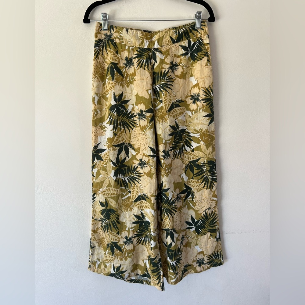 Tahari Linen Wide Leg Tropical Print Lightweight Pull-On Crop Pants Size Small